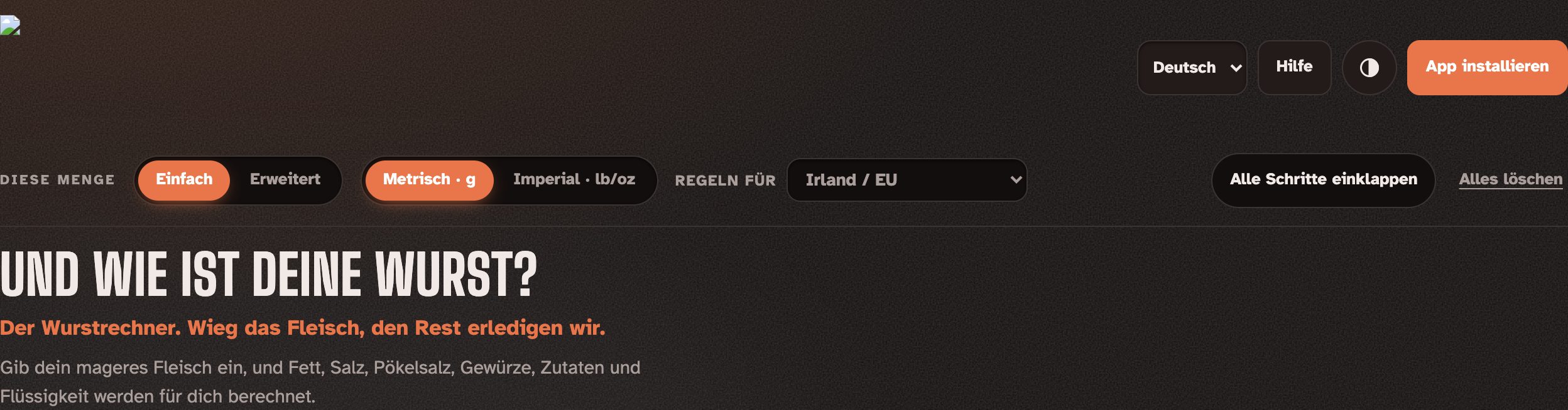 Oben in Linkulator: Logo, Sprachauswahl, Alles löschen, Regeln, Modi und Einheiten