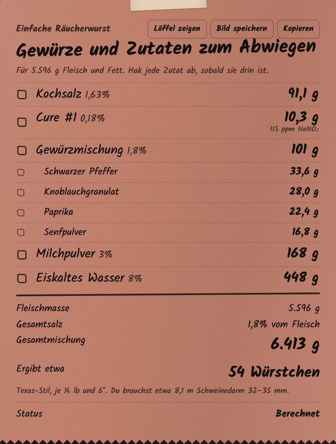Der Wiegezettel mit allen Zutaten und Gewichten