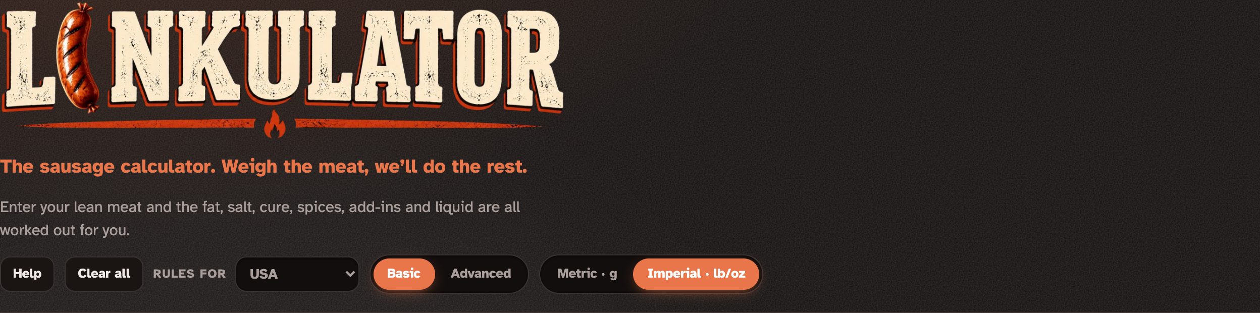 The top of Linkulator: the logo, Clear all, the rules selector, Basic and Advanced, and units