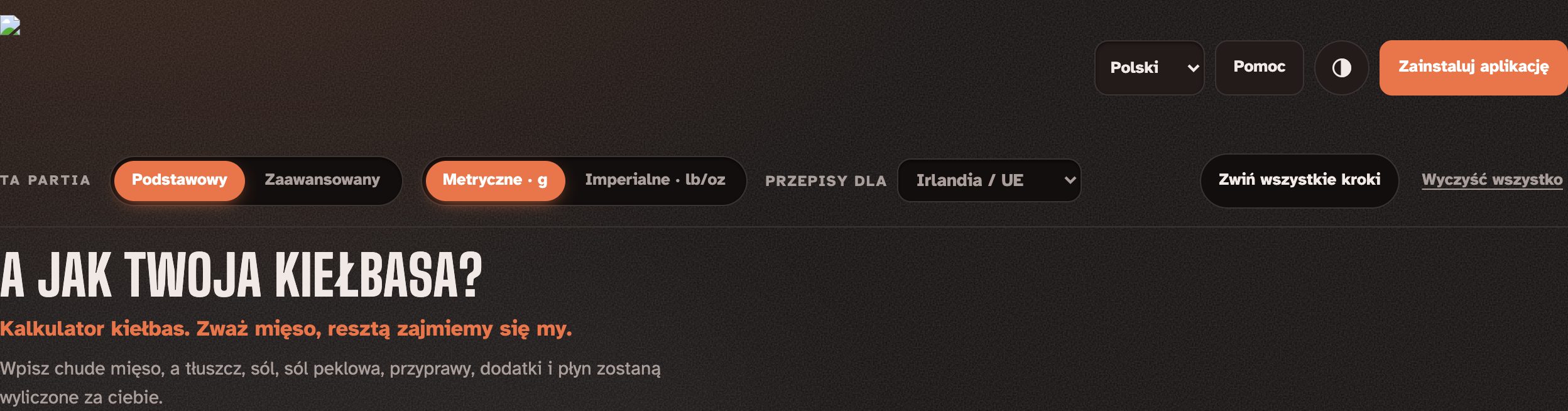 Góra Linkulatora: logo, wybór języka, Wyczyść wszystko, przepisy, tryby i jednostki