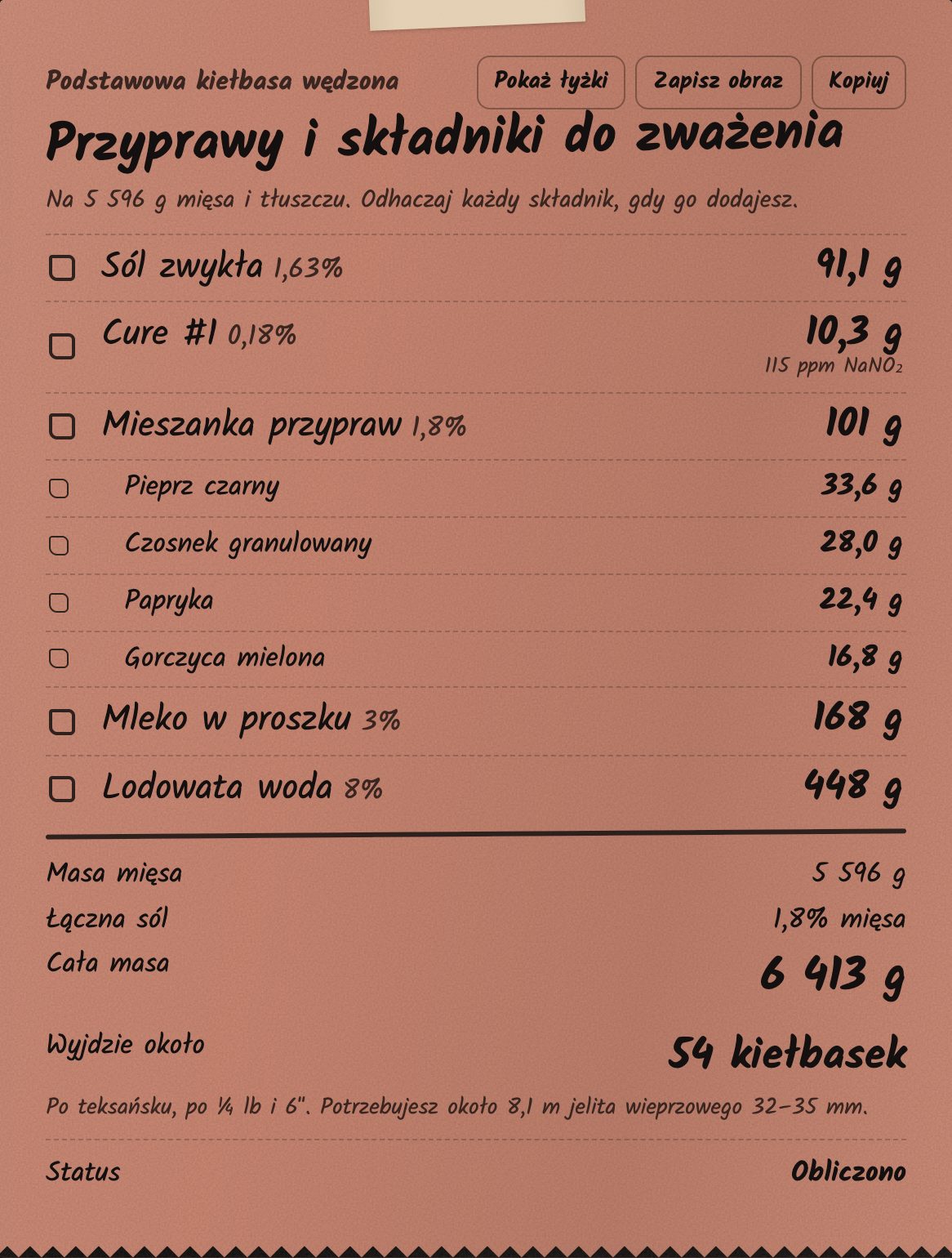 Karta do ważenia ze wszystkimi składnikami i wagami