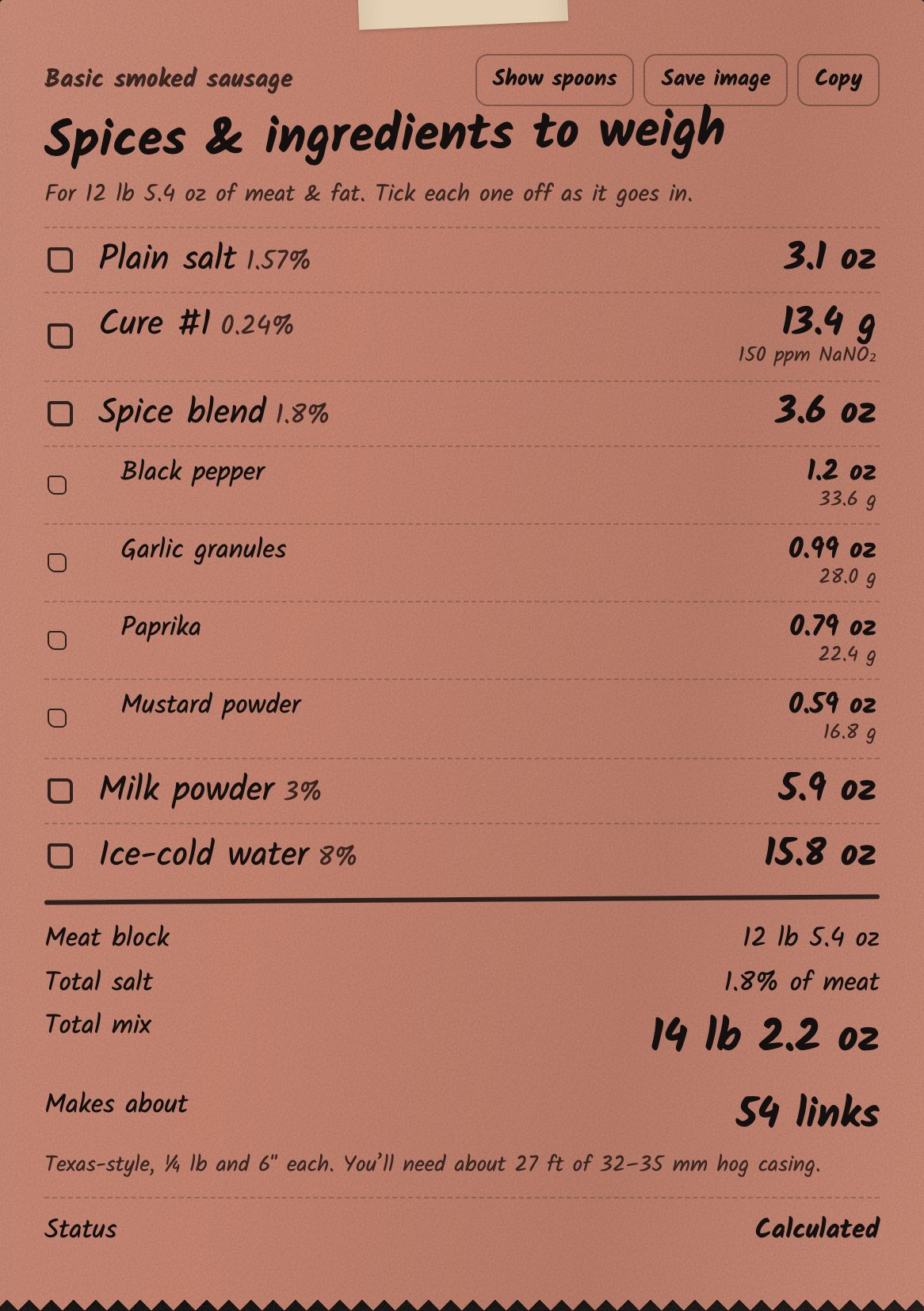 The butcher-paper sheet with every ingredient and weight